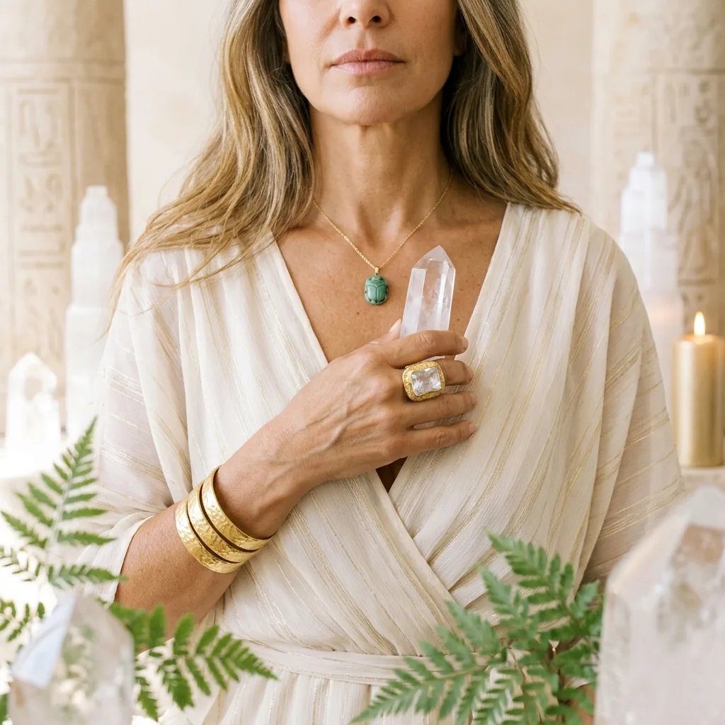 A woman in cream linen with one hand at her heart, crystals and fern around her